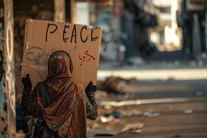 ai generado árabe mujer sostener paz cartulina en el ciudad antecedentes . ai generado, foto