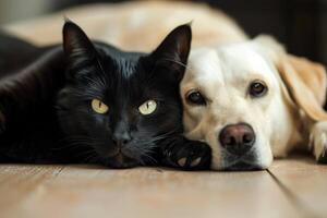 AI generated white dog and black cat looking at the camera lying together on the floor.AI generative photo