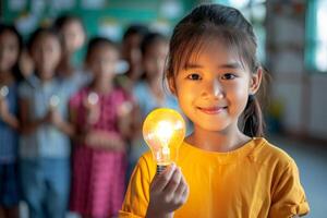 AI generated Child holding a light bulb . concept of ideas and creativity. Generative AI photo