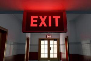 AI generated The Exit sign glowing in red shows the word EXIT to doorway. Generative AI. photo