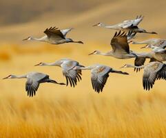 ai generado un rebaño de sandhill grúas durante su otoño migración. ai generativo foto