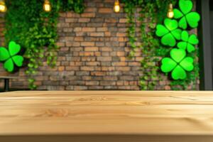 AI generated St. Patrick's Day concept. wooden table in front of shamrock leaf background . Generative Ai. photo