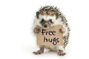 AI generated a hedgehog with Free hugs banner amused isolated on a transparent background, generative ai photo