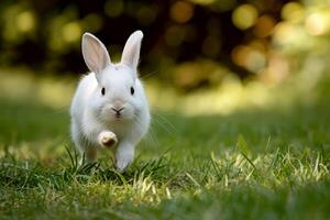 ai generado un Conejo corriendo en un campo de verde césped. generativo ai foto