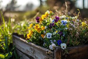 AI generated flowers on wooden window box in garden background, generative ai photo