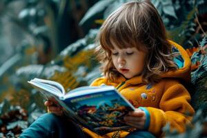 AI generated Cute children baby reading book . Education learning concept. AI generative photo