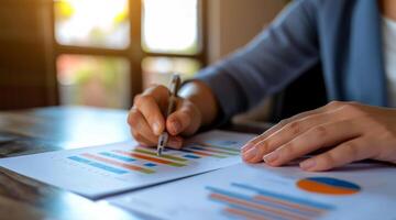 AI generated close up hand Businessman review report. Graphs and charts. Business reports concept Ai generated photo