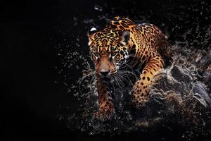 ai generado un cerca arriba de un leopardo en el agua con un chapoteo de agua en es cara y es rostro. foto