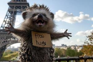 AI generated a hedgehog with Free hugs banner amused , generative ai photo