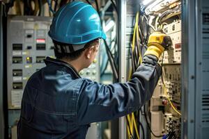 ai generado eléctrico ingeniero cheques el voltaje de el eléctrico a el terminal en el principal distribución tablero . ai generativo foto