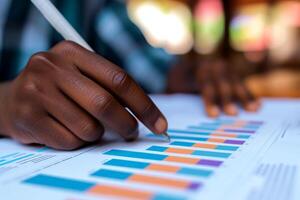 AI generated close up hand Businessman review report. Graphs and charts. Business reports concept Ai generated photo