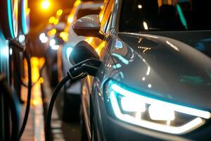 AI generated Electric Vehicle Charging Station Plugged into Car. Clean Energy for a Sustainable Future. Generative AI photo