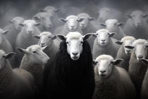 AI generated A flock of white sheep with black in the middle. generative ai photo