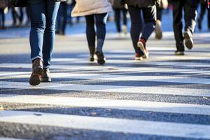 AI generated crowd people walking on crosswalk in the city street . Generative AI photo