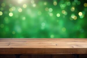 AI generated St. Patrick's Day concept. wooden table in front of shamrock leaf background . Generative Ai. photo