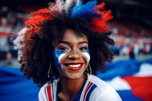 AI generated French Supporter with Flag Face Paint . France 2024 Olympic concept .Generative AI photo