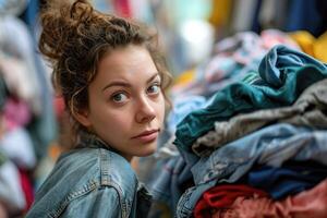 AI generated woman with worried face and gesture surrounded by dirty laundry. AI generative photo