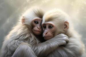 AI generated Mother monkey with her monkey child hug together in shinning light. Generative AI photo