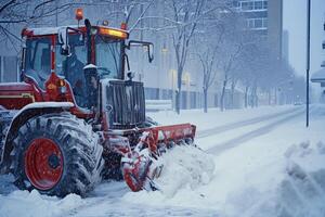 AI generated Tractor with Snow Plow Attachment Clearing Snow on Winter . Generative AI photo