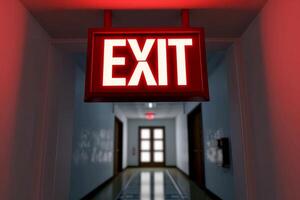 AI generated The Exit sign glowing in red shows the word EXIT to doorway. Generative AI. photo