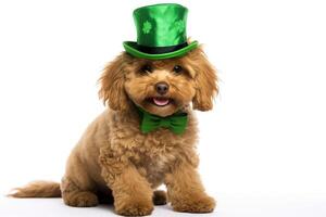 AI generated a dog portrait with a hat for St. Patrick's Day, in the style of fantasy illustration. Generative AI photo