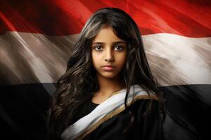 ai generado un árabe niña en Yemen bandera antecedentes. ai generativo foto