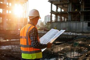 ai generado un civil ingeniero soportes mirando a el construcción sitio. generativo ai. foto