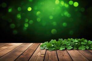 AI generated St. Patrick's Day concept. wooden table in front of shamrock leaf background . Generative Ai. photo