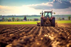 AI generated tractor plowing the field created with generative ai photo