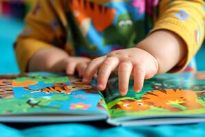 ai generado linda niños bebé leyendo libro . educación aprendizaje concepto. ai generativo foto