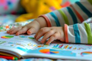 ai generado linda niños bebé leyendo libro . educación aprendizaje concepto. ai generativo foto