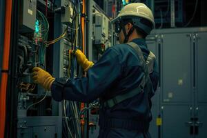 AI generated electrical engineer checks the voltage of the electrical at the terminal in the main distribution board . AI generative photo