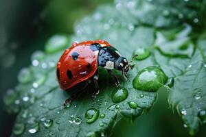 AI generated red ladybug on a green leaf. Generative AI photo