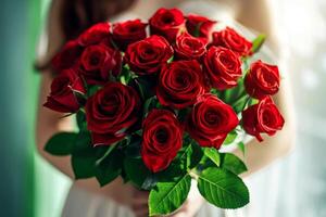 ai generado un mujer participación un ramo de flores de rosas.ai generativo foto