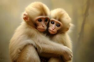 AI generated Mother monkey with her monkey child hug together in shinning light. Generative AI photo