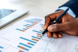 AI generated close up hand Businessman review report. Graphs and charts. Business reports concept Ai generated photo