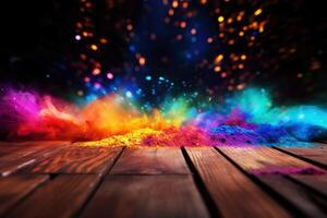 AI generated Colorful Holi powders on a top table with bokeh lights for mockup , AI generative photo