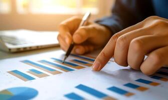 AI generated close up hand Businessman review report. Graphs and charts. Business reports concept Ai generated photo