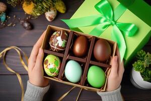 ai generado mujer sostener chocolate elegante Pascua de Resurrección huevos, en un caja. ai generativo foto