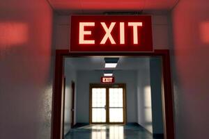 AI generated The Exit sign glowing in red shows the word EXIT to doorway. Generative AI. photo