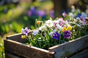 ai generado flores en de madera ventana caja en jardín fondo, generativo ai foto