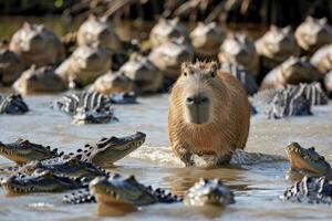 AI generated a capybara among crocodiles in the river.AI generative photo