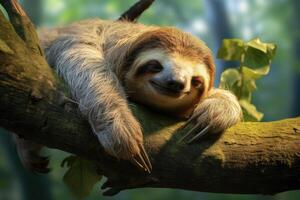 AI generated Cute sloth hanging on tree branch with funny face look, wild animal. Generative ai photo