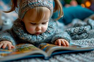 ai generado linda niños bebé leyendo libro . educación aprendizaje concepto. ai generativo foto