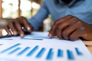 AI generated close up hand Businessman review report. Graphs and charts. Business reports concept Ai generated photo