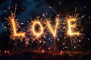 AI generated LOVE , written with a sparkler on a black background. AI generated. photo