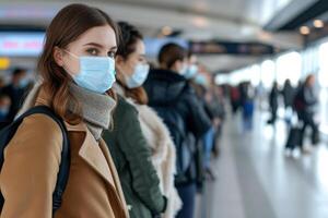 AI generated people Traveling line up apart at Airport with Face Mask - Generative AI photo