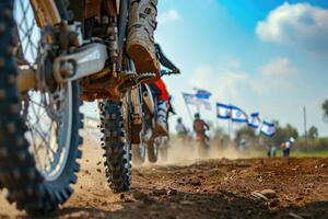 AI generated Motocross rider riding on dirt track closeup tyre Generative AI photo