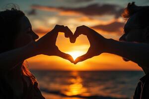 AI generated A couple of love makes a heart-shaped gesture, while the sunset. AI Background photo