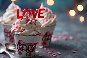 AI generated a ice cream cup with LOVE word for valentine concept . generative ai photo